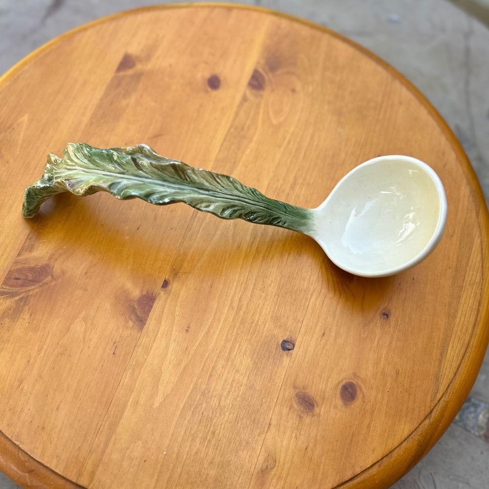 Vintage Cabbage Leaf Ladle Majolica Ceramic Green Botanical Soup Spoon MCM
